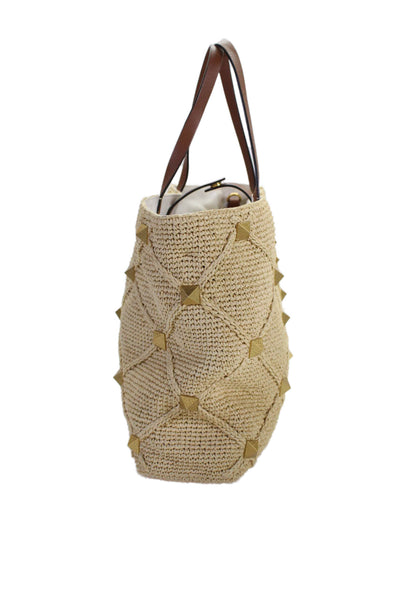 Valentino Garavani Womens Raffia Crochet Roman Stud Tote Shoulder Handbag Beige