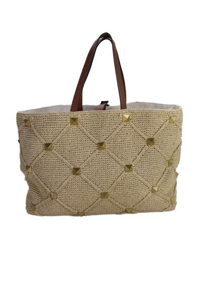 Valentino Garavani Womens Raffia Crochet Roman Stud Tote Shoulder Handbag Beige