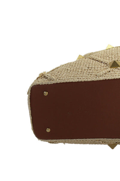Valentino Garavani Womens Raffia Crochet Roman Stud Tote Shoulder Handbag Beige