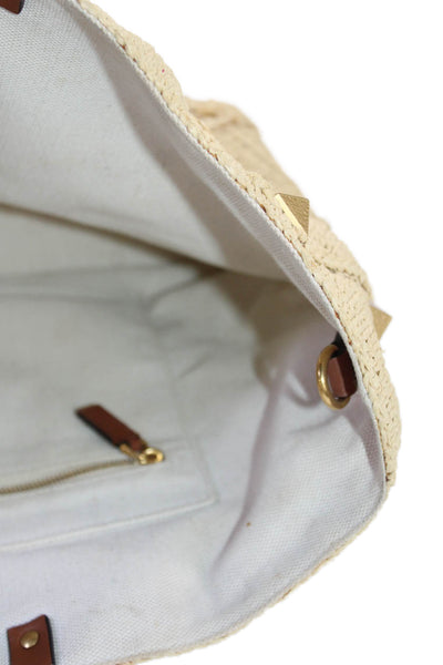 Valentino Garavani Womens Raffia Crochet Roman Stud Tote Shoulder Handbag Beige