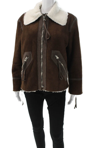 Moon River Womens Bomber Jacket Biker Faux Suede Brown Zip Long Sleeve Size XS