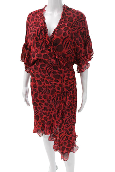 IRO Womens Red Animal Print Chiffon Wrap Dress V-Neck Short Sleeve Tie Size 42