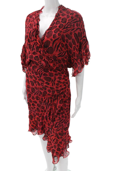 IRO Womens Red Animal Print Chiffon Wrap Dress V-Neck Short Sleeve Tie Size 42
