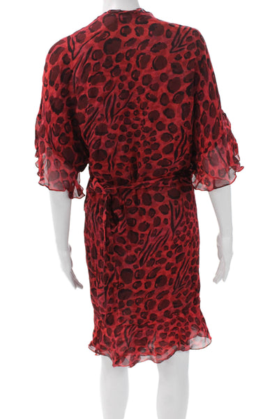 IRO Womens Red Animal Print Chiffon Wrap Dress V-Neck Short Sleeve Tie Size 42