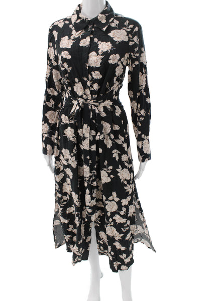 MNG Womens Black Viscose Floral Collared Long Sleeve Shirt Dress Button Size 4