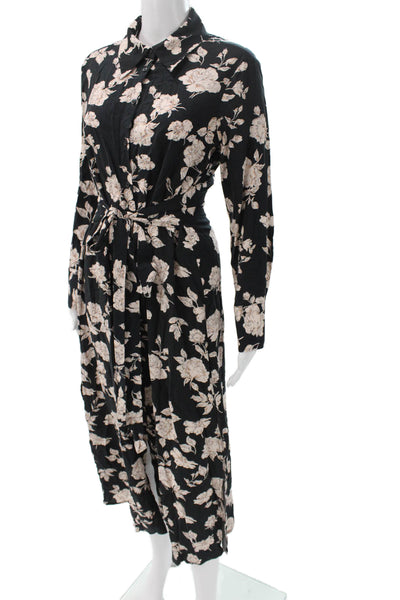 MNG Womens Black Viscose Floral Collared Long Sleeve Shirt Dress Button Size 4