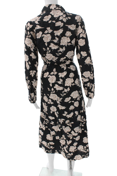 MNG Womens Black Viscose Floral Collared Long Sleeve Shirt Dress Button Size 4