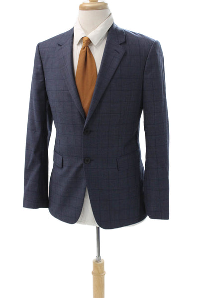Theory Mens 2 Piece Suit Jacket Blue Check Button Business Size 38