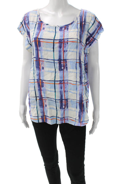 Joie Women Blouse Silk Plaid Round Neck Short Sleeve Size L