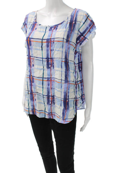 Joie Women Blouse Silk Plaid Round Neck Short Sleeve Size L
