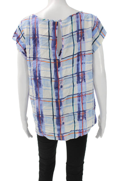 Joie Women Blouse Silk Plaid Round Neck Short Sleeve Size L