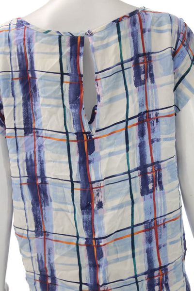 Joie Women Blouse Silk Plaid Round Neck Short Sleeve Size L