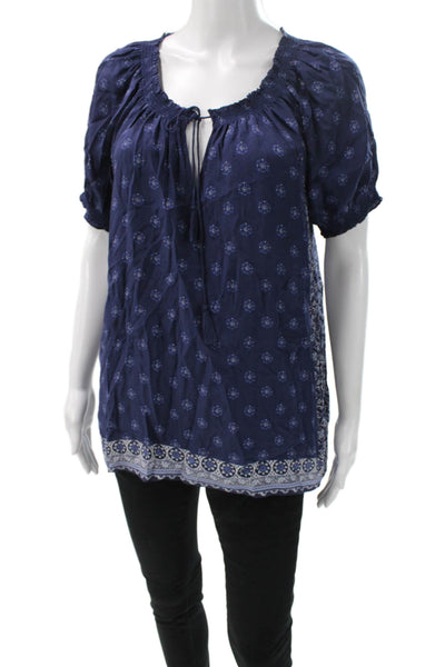 Joie Women Bohemian Tunic Blue Floral Scoop Neck Short Sleeve Size L