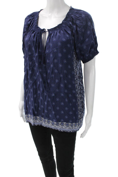 Joie Women Bohemian Tunic Blue Floral Scoop Neck Short Sleeve Size L