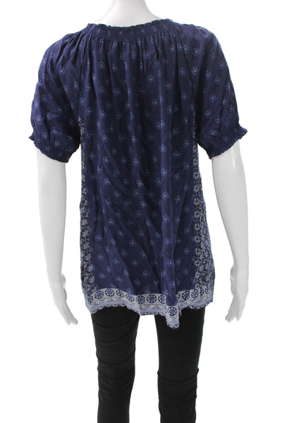 Joie Women Bohemian Tunic Blue Floral Scoop Neck Short Sleeve Size L