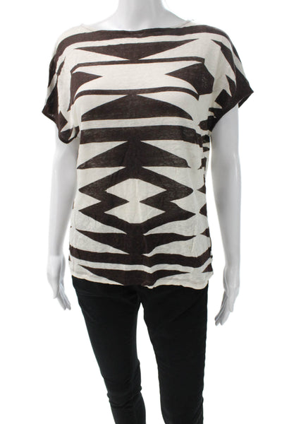 Lauren Ralph Lauren Women Basic White Linen Boat Neck Geometric T-Shirt Size XS
