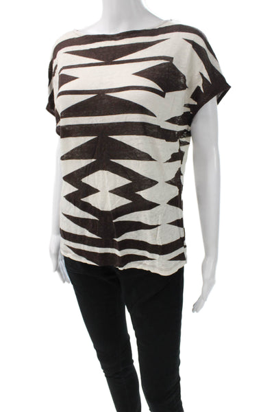 Lauren Ralph Lauren Women Basic White Linen Boat Neck Geometric T-Shirt Size XS