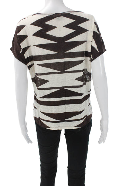 Lauren Ralph Lauren Women Basic White Linen Boat Neck Geometric T-Shirt Size XS