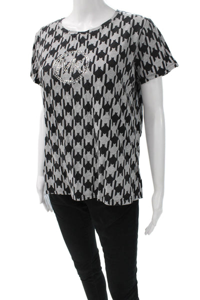 Michael Michael Kors Womens Houndstooth Crew Neck Black T-Shirt Size XL
