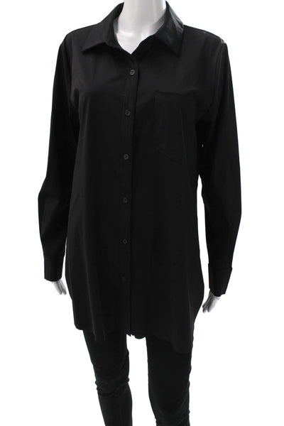Lysse Women Basic Button-Up Black Collared Nylon Blend Long Sleeve Size L