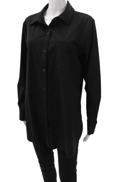 Lysse Women Basic Button-Up Black Collared Nylon Blend Long Sleeve Size L