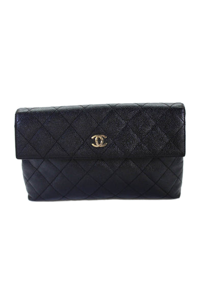 Chanel Womens Caviar Leather Quilted Flap Clutch Handbag Black