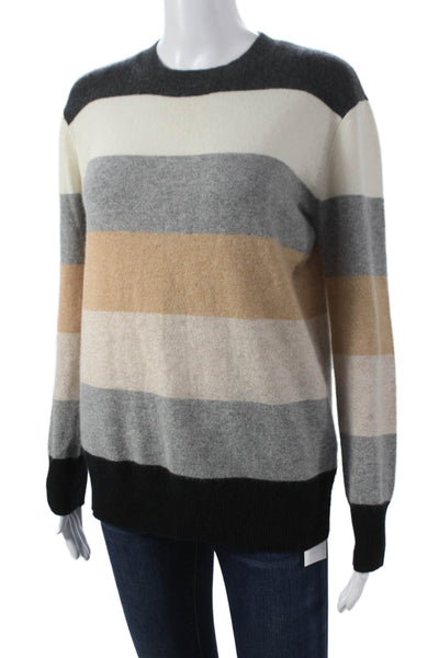Minnie Rose Women Striped Cashmere Crew Neck Pullover Black Long Sleeve Size S