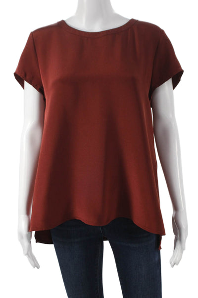 Cuyana Women Red Silk Short Sleeve Basic Blouse Round Neck Size M