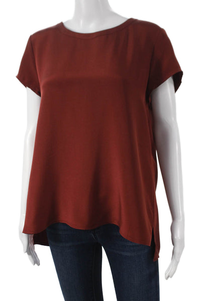 Cuyana Women Red Silk Short Sleeve Basic Blouse Round Neck Size M