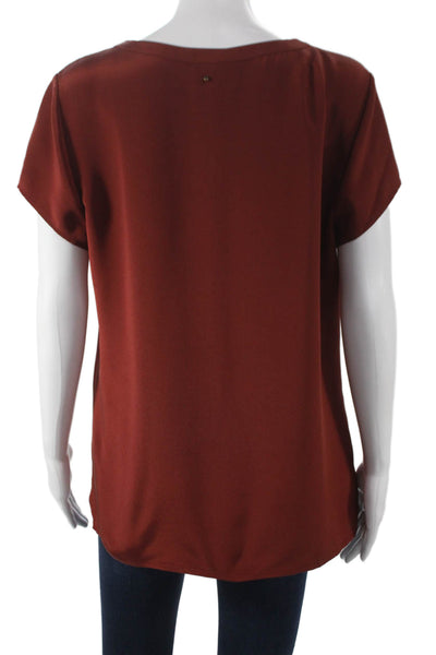 Cuyana Women Red Silk Short Sleeve Basic Blouse Round Neck Size M