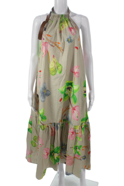Tibi Women Maxi Dress Halter Floral Cotton Full Length Sleeveless Buckle Size 0
