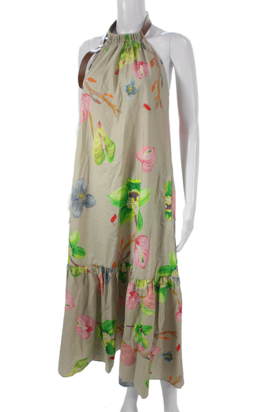 Tibi Women Maxi Dress Halter Floral Cotton Full Length Sleeveless Buckle Size 0