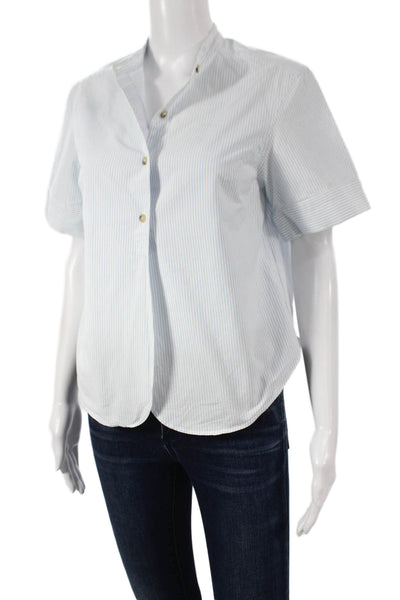 Creatures Of Comfort Women White Striped V-Neck Short Sleeve Blouse Size 4