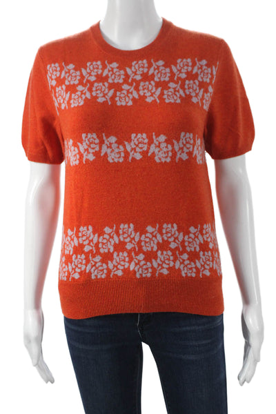 Lingua Franca Womens Orange Floral Wool Cashmere Pullover Sweater Size S