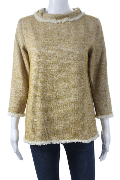 Ann Mashburn Women Tunic Herringbone High Neck Zip 3/4 Sleeve Yellow Size S