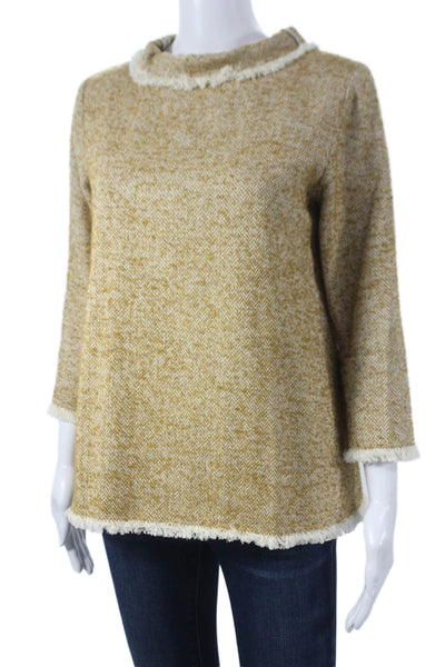 Ann Mashburn Women Tunic Herringbone High Neck Zip 3/4 Sleeve Yellow Size S