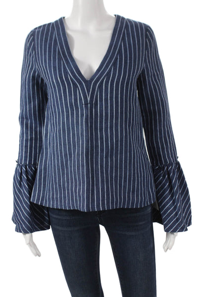 Alexis Womens Tunic Blue Striped V-Neck Linen Long Sleeve Size XS