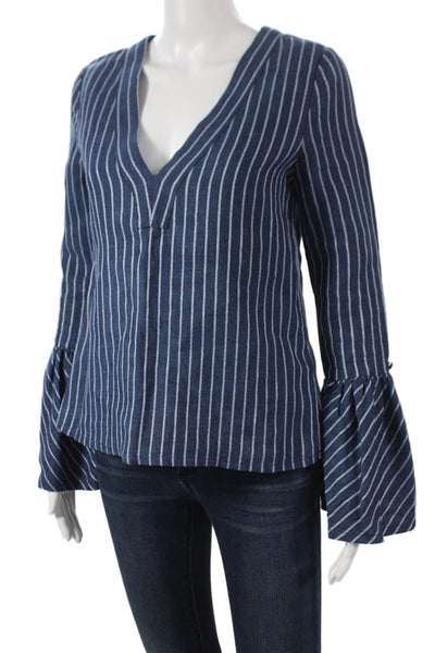 Alexis Womens Tunic Blue Striped V-Neck Linen Long Sleeve Size XS