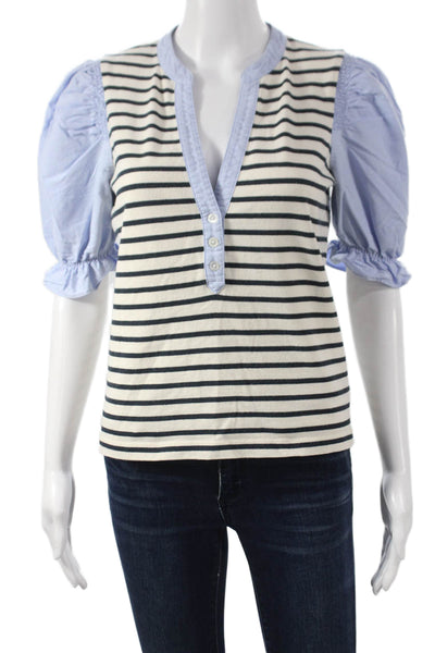 Veronica Beard Women Striped Collared Short Sleeve Cotton Blouse Blue Size XS
