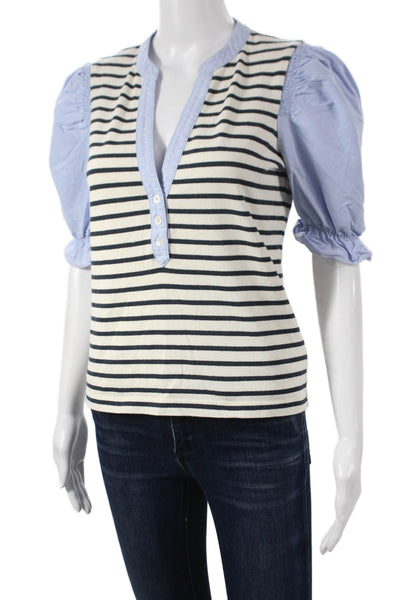 Veronica Beard Women Striped Collared Short Sleeve Cotton Blouse Blue Size XS