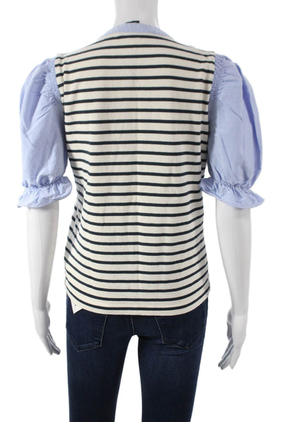 Veronica Beard Women Striped Collared Short Sleeve Cotton Blouse Blue Size XS
