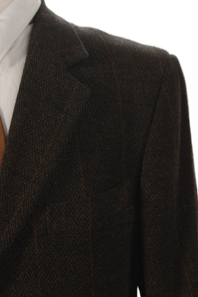 Ermenegildo Zegna Mens Brown Wool Chevron Blazer Button Closure Size 52