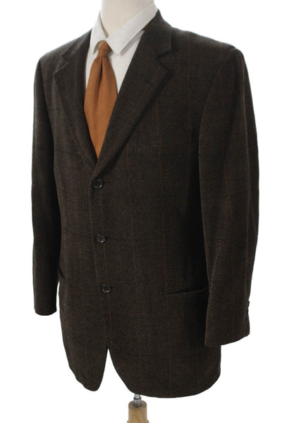Ermenegildo Zegna Mens Brown Wool Chevron Blazer Button Closure Size 52