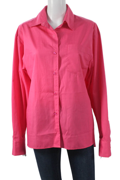 Lidaan Women Basic Collared Long Sleeve Button-Up Top Pink Polyester Size S