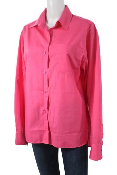 Lidaan Women Basic Collared Long Sleeve Button-Up Top Pink Polyester Size S