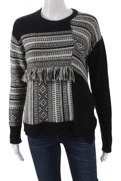 White + Warren Women Pullover Sweater Black Geometric Crew Neck Size XS