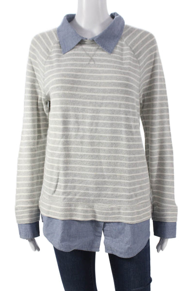 Soft Joie Unisex Adults Striped Collared Pullover Sweatshirt Gray Cotton Size S