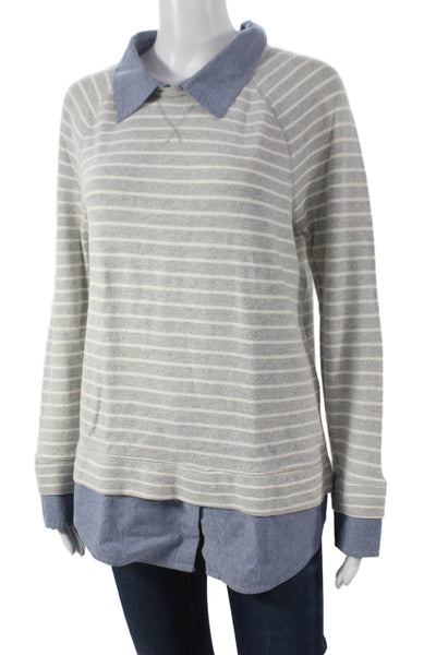 Soft Joie Unisex Adults Striped Collared Pullover Sweatshirt Gray Cotton Size S