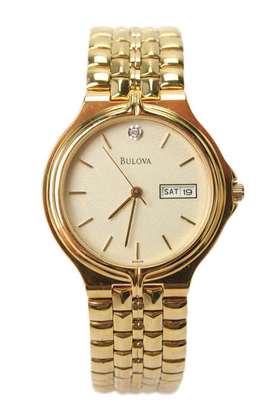 Bulova Mens Gold Tone Diamond Accent Classic Daydate Quartz Watch 34mm