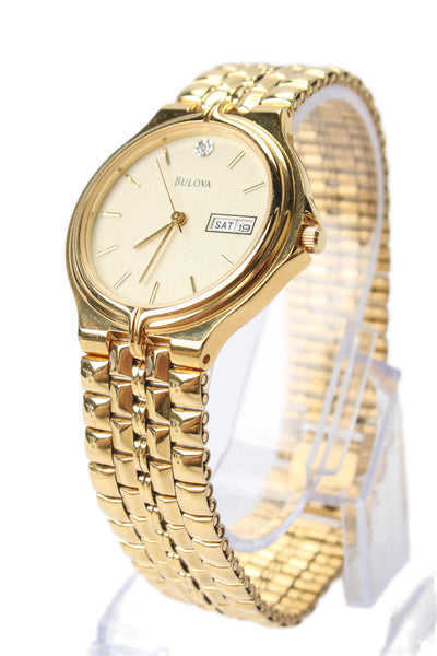 Bulova Mens Gold Tone Diamond Accent Classic Daydate Quartz Watch 34mm